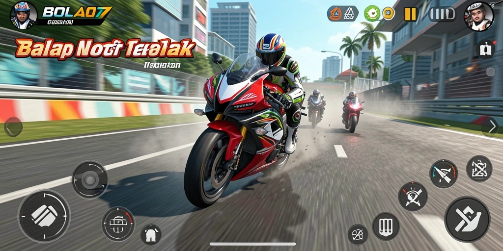 Tampilan gameplay seru dari BOLA07 saat balapan motor.