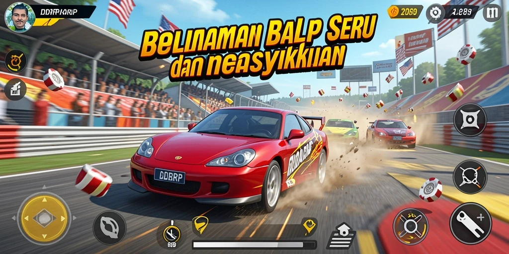 Screenshot utama IDRRP menampilkan mobil balap beraksi di jalur yang menantang.
