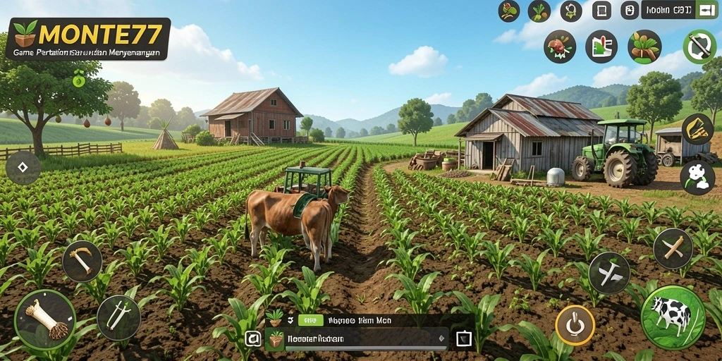 Screenshot gameplay MONTE77 menampilkan aktivitas pertanian yang seru dan grafik yang indah.