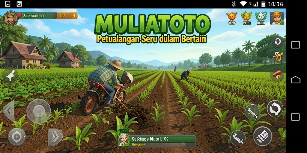 Screenshot menunjukkan gameplay seru di ladang dengan berbagai tanaman.