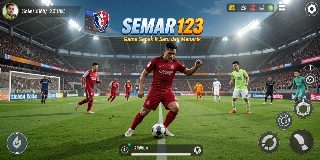 Screenshot gameplay SEMAR123 menampilkan aksi seru di lapangan sepak bola.