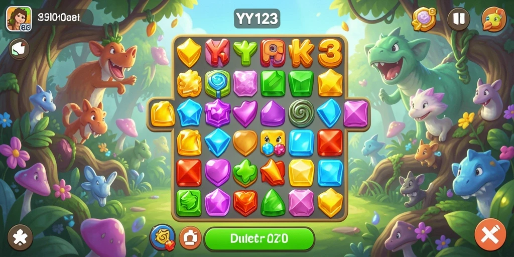 Screenshot gameplay YY123 menampilkan keseruan mencocokkan batu permata.