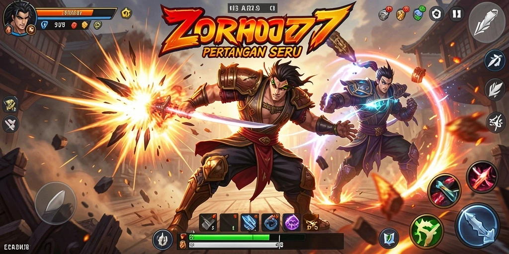 Screenshot gameplay ZORO77 menunjukkan pertarungan seru dan karakter yang dinamis.